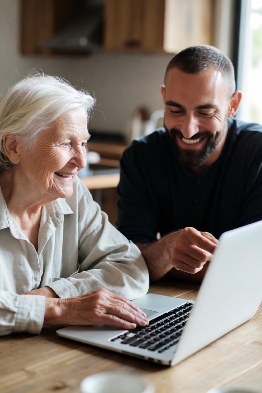An older woman and a younger man smiling together at a laptop at the kitchen table
