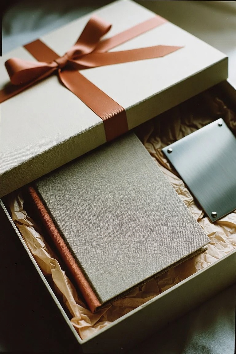 An opened keepsake box with a hardcover book and a brushed-metal plaque