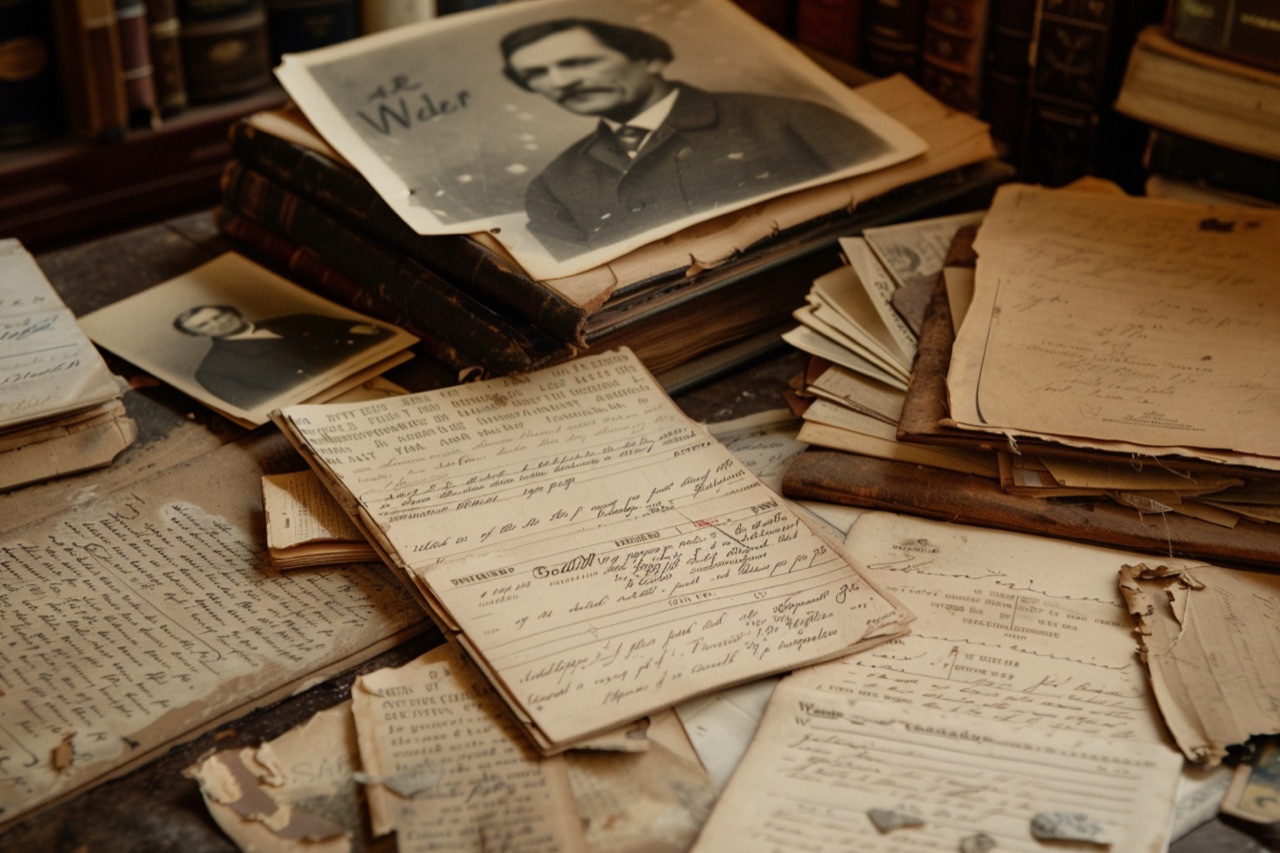 Pioneer-era materials on a desk — old photographs, letters, and handwritten ledgers