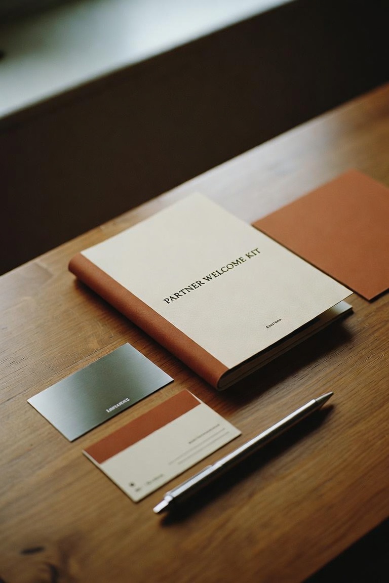 A partner welcome kit laid out on a wooden desk — booklet, metal card, and pen