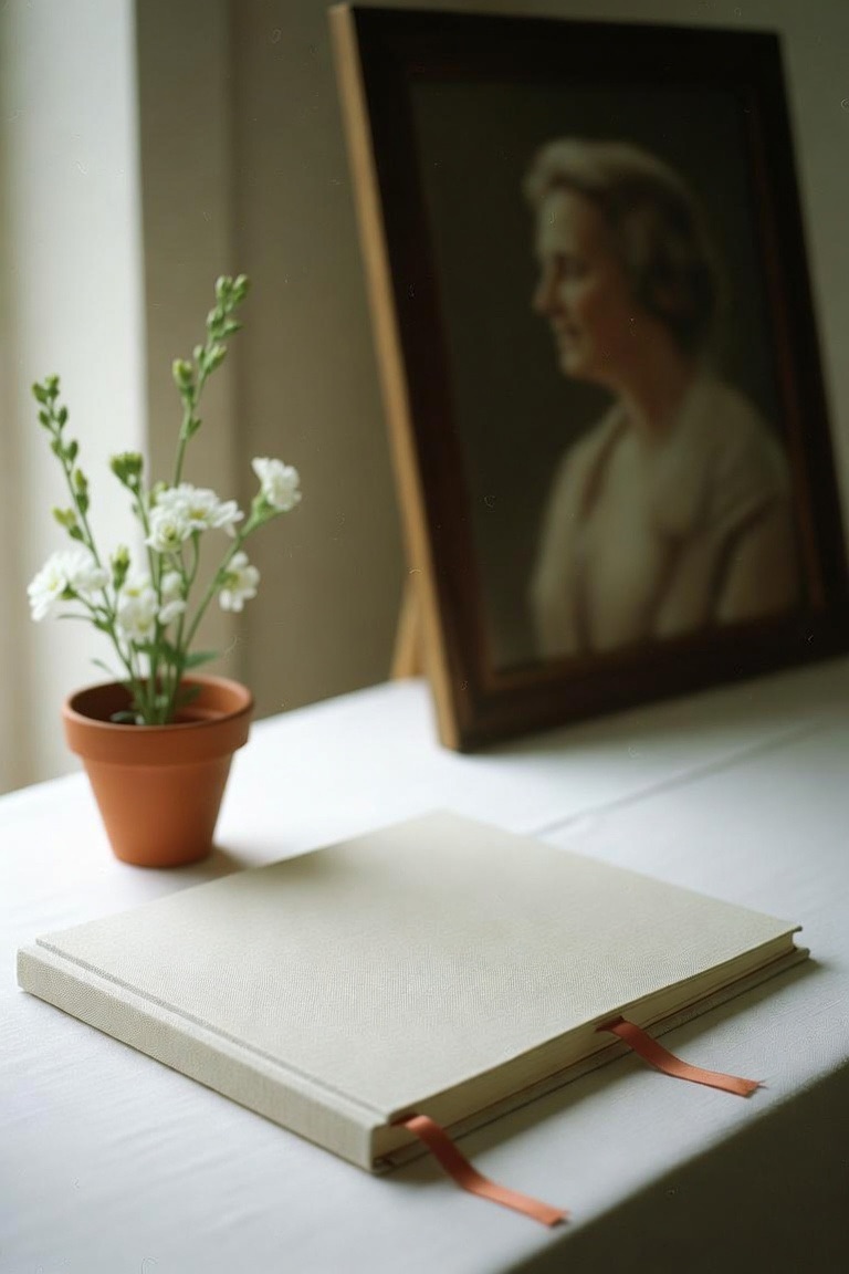 A hardcover memory book on a table beside white flowers and a framed portrait