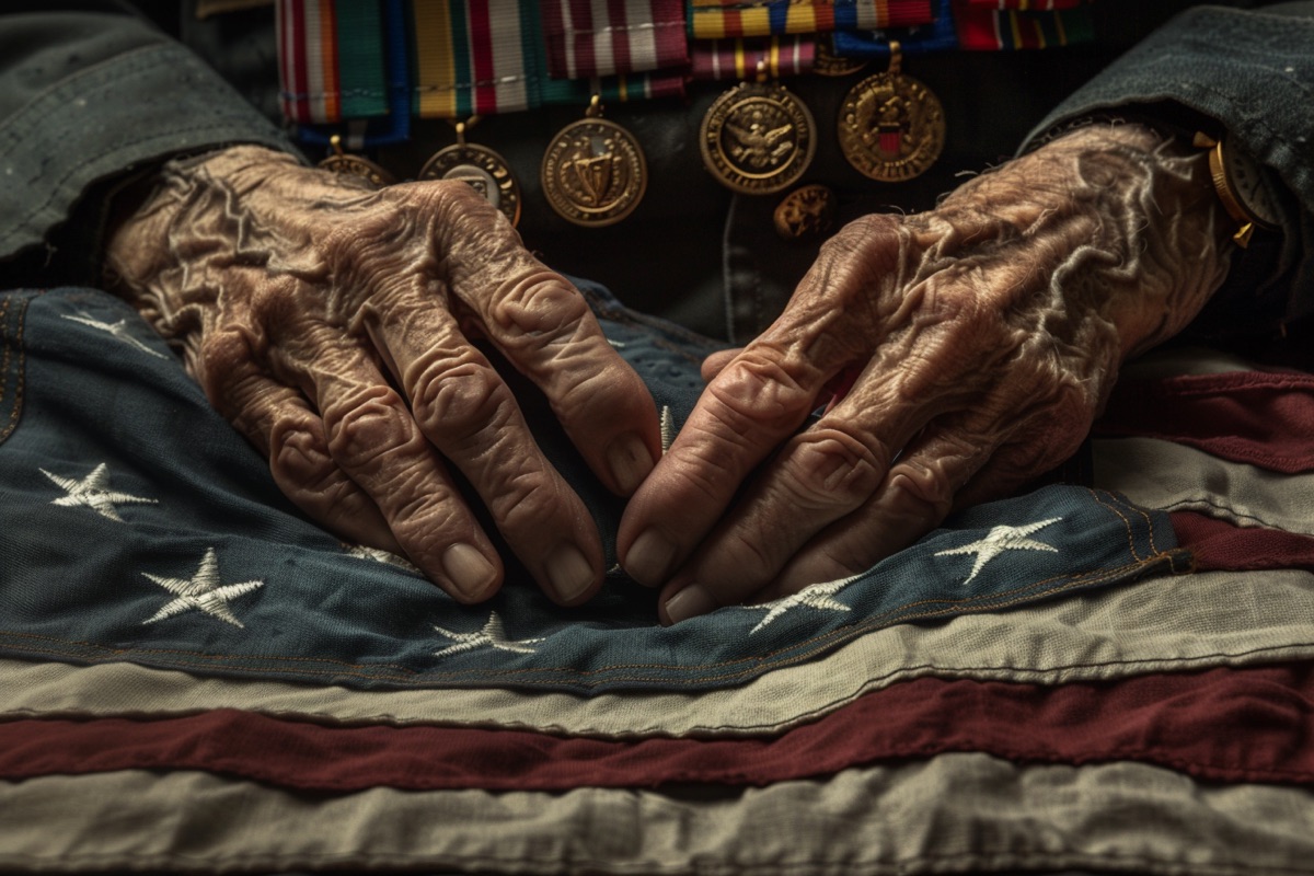 A veteran's weathered hands resting on a folded American flag, service medals above